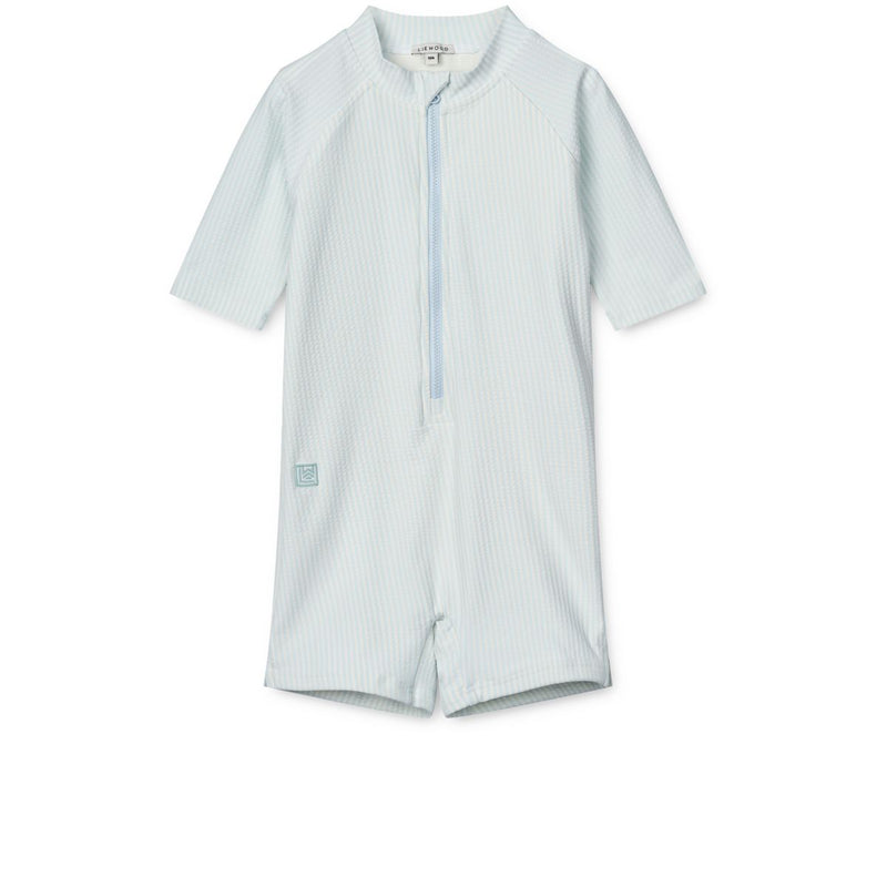 Liewood Max Seersucker Short-sleeve UV Jumpsuit - Y/D stripe Pure sky / Creme de la creme - SWIMSUIT