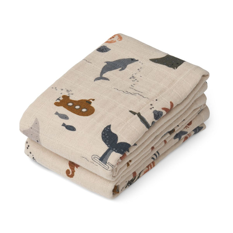 Liewood Lewis Muslin Cloth 2-pack - Sea creature / Sandy - MUSLIN CLOTH