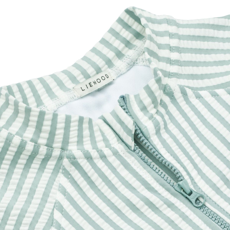 Liewood Max Seersucker Short-sleeve UV Jumpsuit - Y/D stripe: Sea blue/white - SWIMSUIT