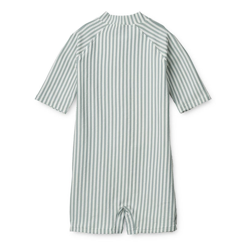 Liewood Max Seersucker Short-sleeve UV Jumpsuit - Y/D stripe: Sea blue/white - SWIMSUIT